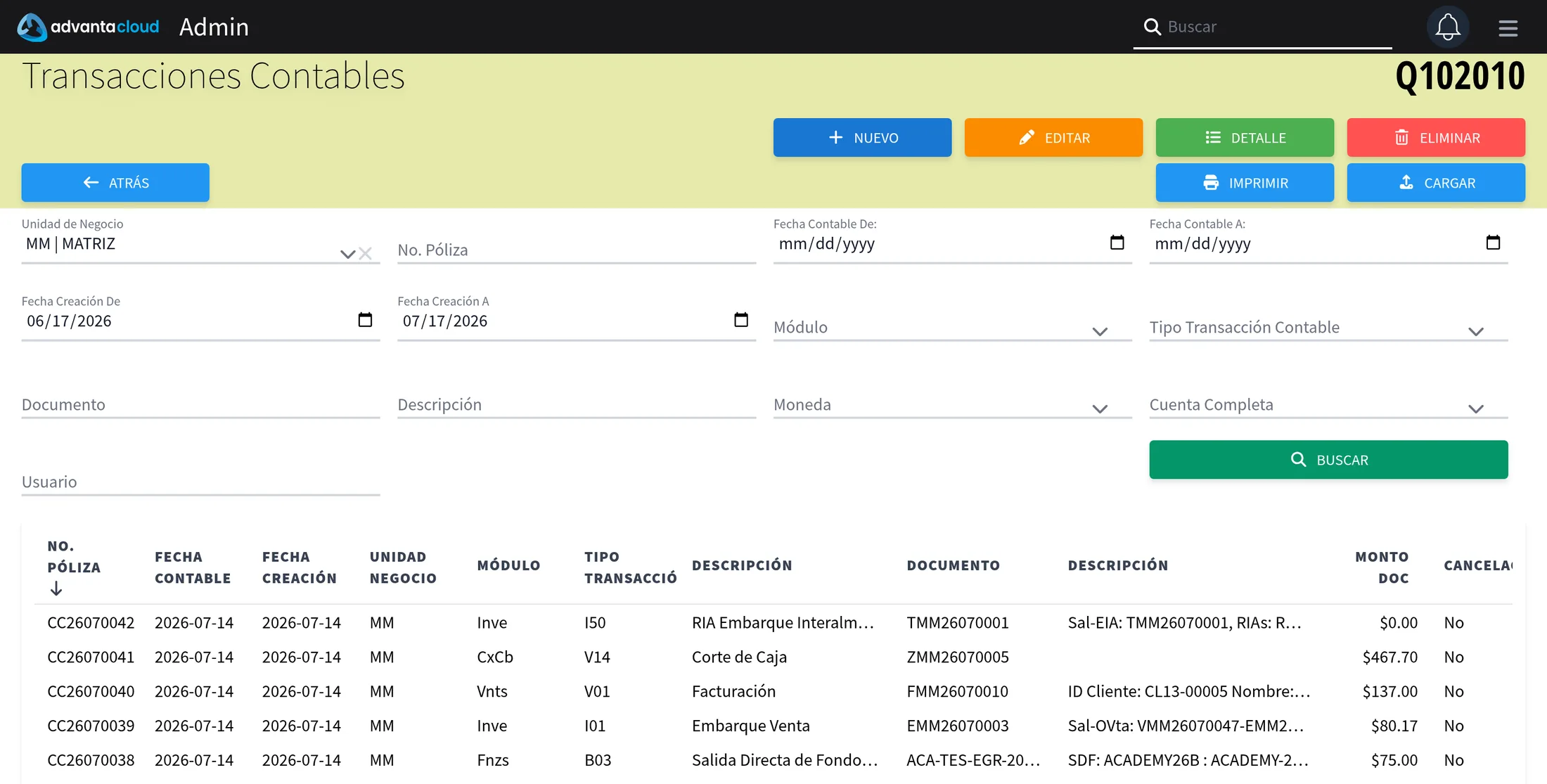 Consulta de transacciones contables en AdvantaCloud