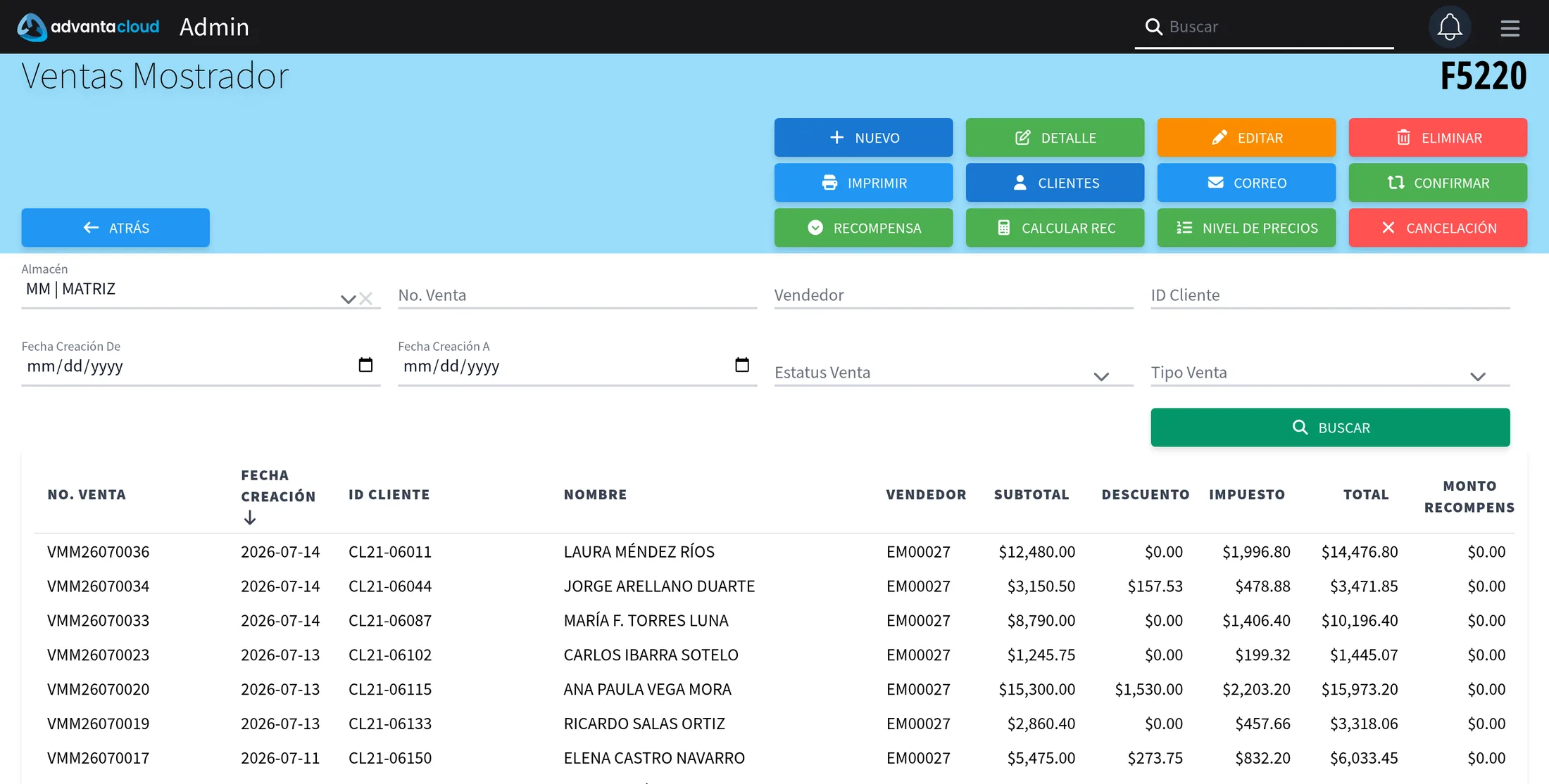 Ventas de mostrador en AdvantaCloud con filtros y acciones