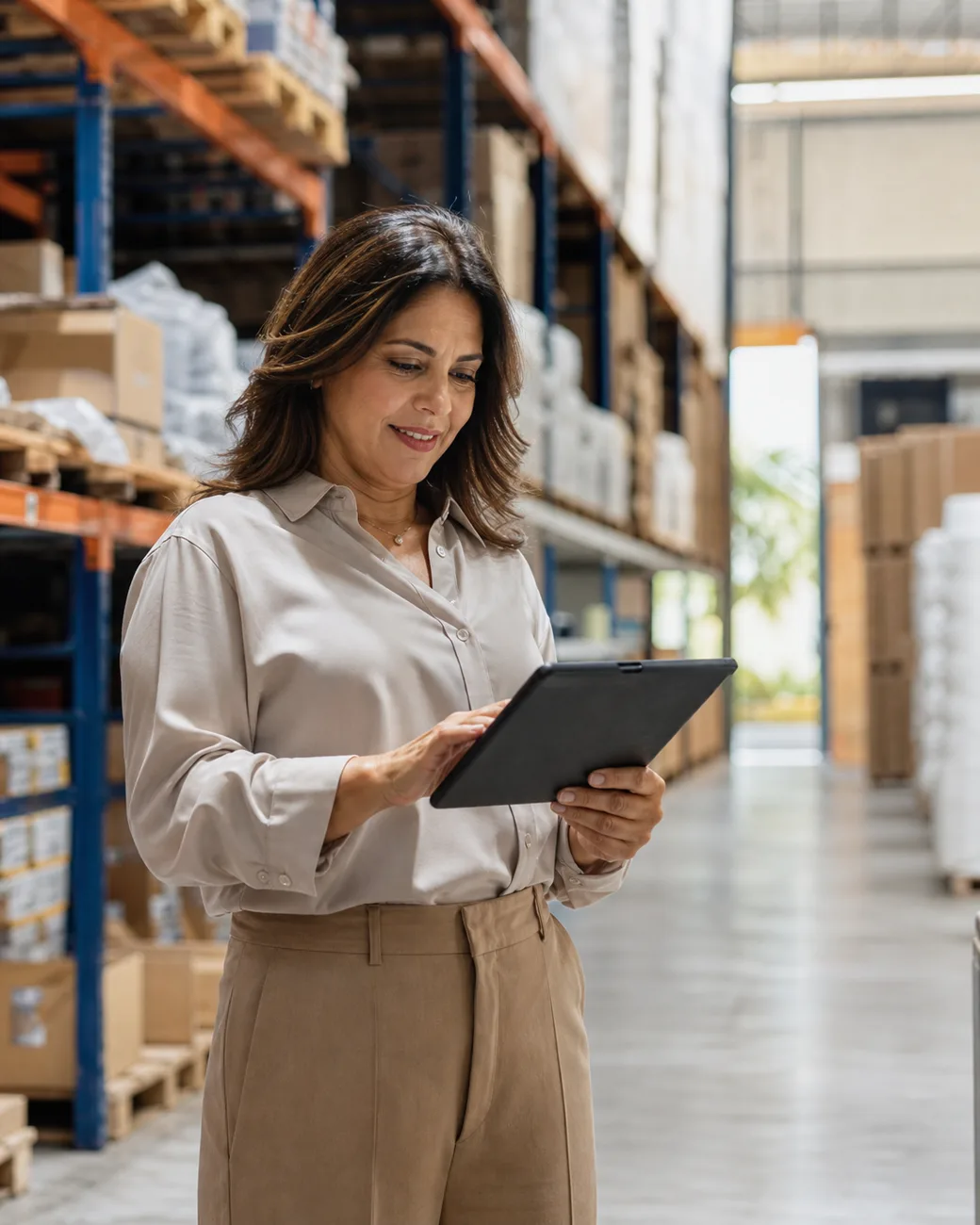 Empresaria revisando su operación con AdvantaCloud en su almacén